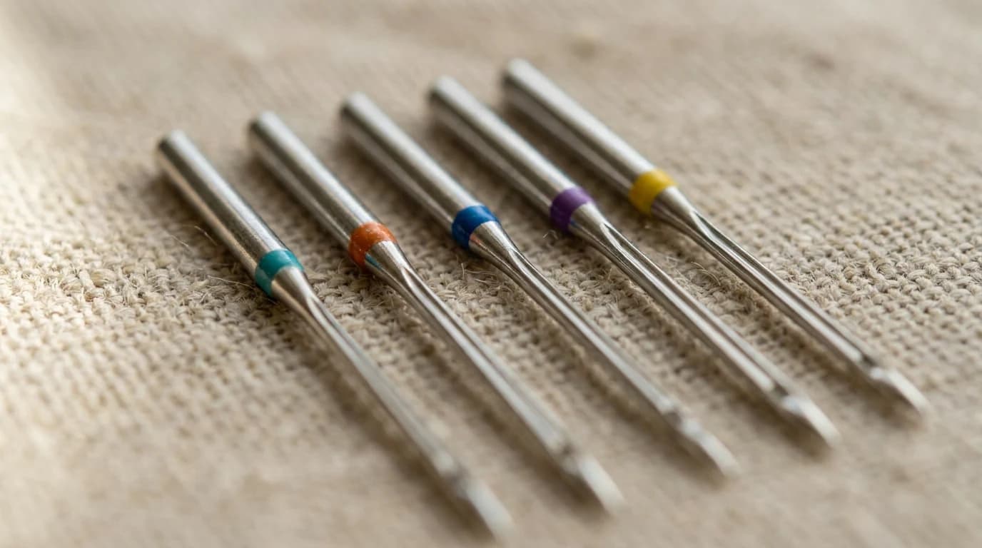 Close-up of several sewing machine needles laid on a linen surface, showing the coloured identification bands near the top of each shank.
